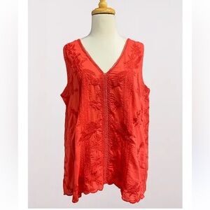 Kyla Seo Boho Sleeveless Coral Tonal Embroidered Top Size Large